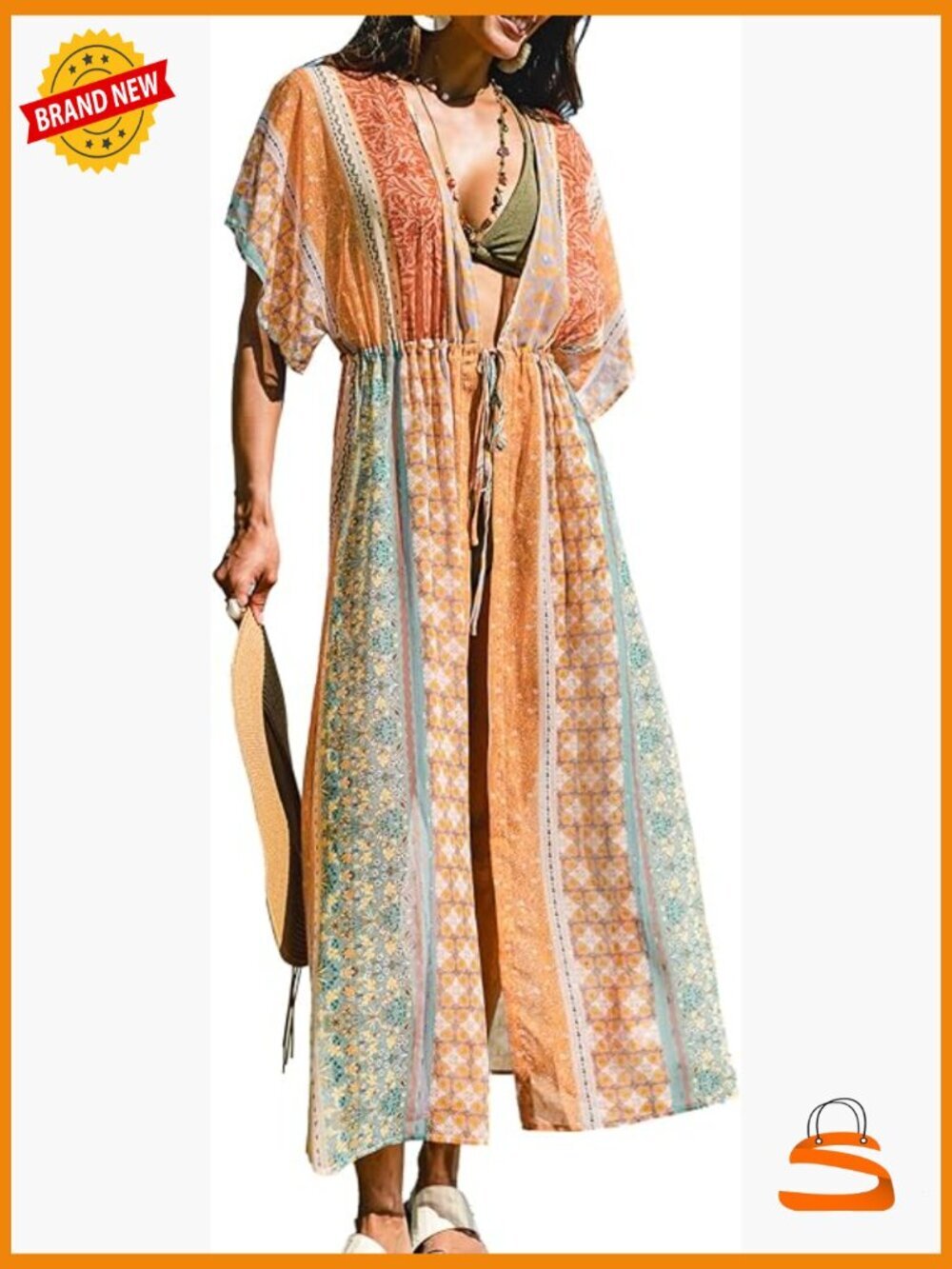 Open Front Striped Maxi Cardigan Beach Cover Up